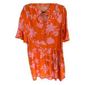 Women's Orange Lavender Tiered Loose Fit Dress Floral Fall Keyhole Tie Size Med
